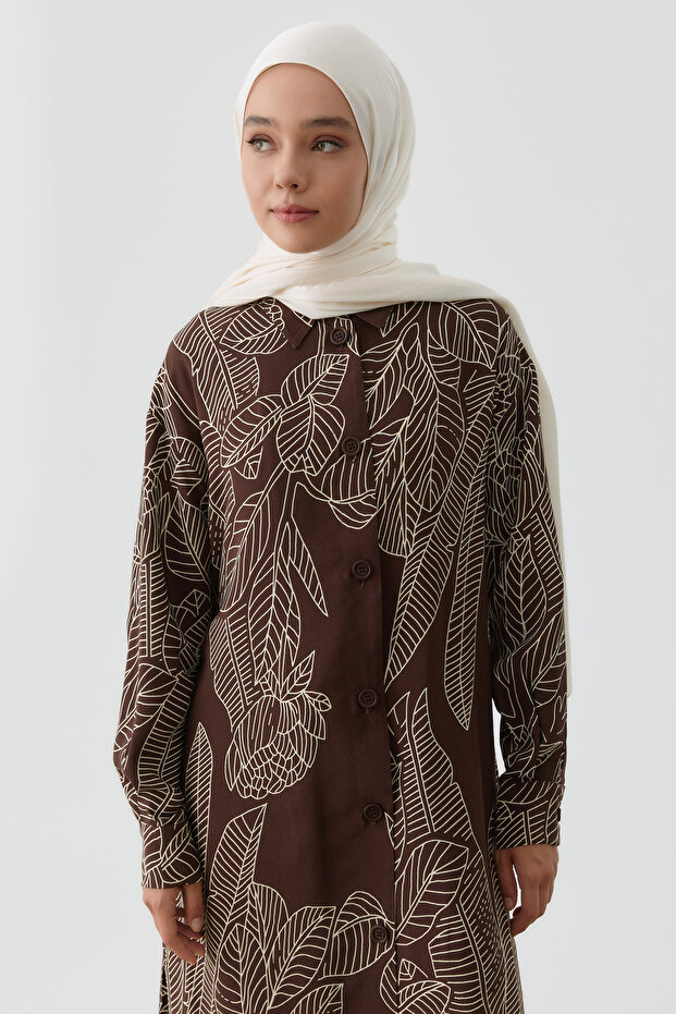 Yaprak Desenli Tunik - Kahve - 3
