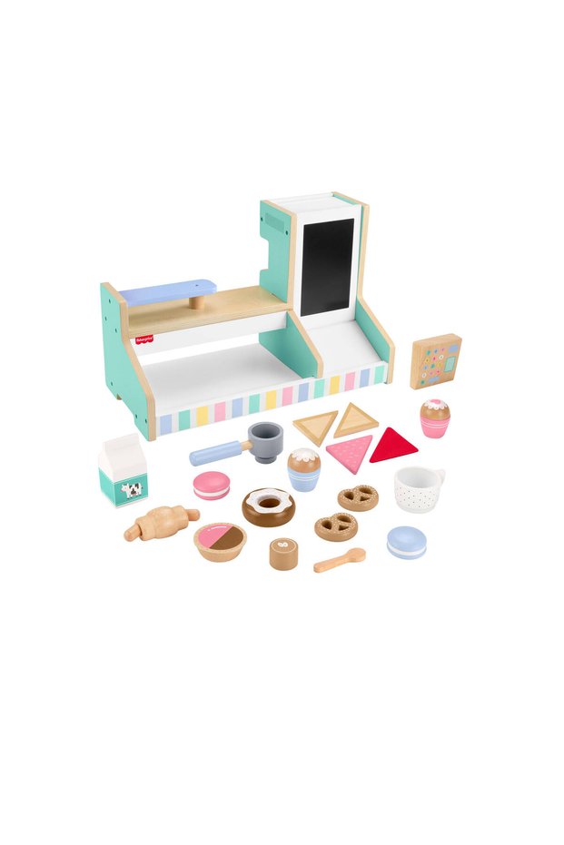 Fisher-Price Wood Coffee Shop Set of 20 Wooden Pieces for Preschool Children