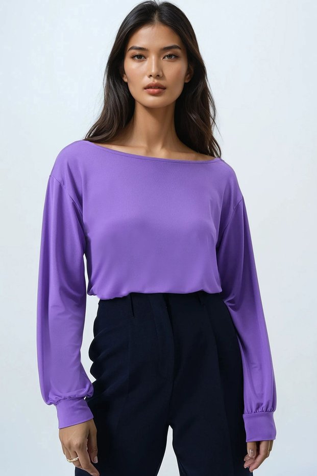 Women's Dark Lilac Boat Neck Blouse with Cuffs Alc-X14393