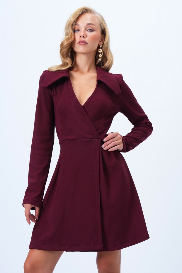 Women's Burgundy Double Breasted Cutout Pleated Detailed Slit Mini Dress Alc-X14427