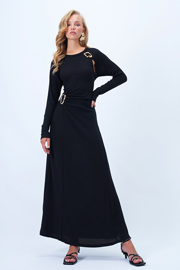 Siyah Bisiklet Yaka Aksesuarlı Belden Büzgülü Out-Cut Detaylı Triko Elbise ALC-X14358 - 1