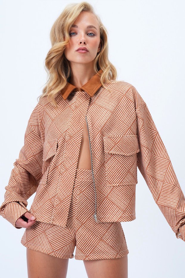Women's Cinnamon Brown Suede Collar Double Pocket Cuff Sleeve Hidden Placket Zipper Jacket Alc-X14430