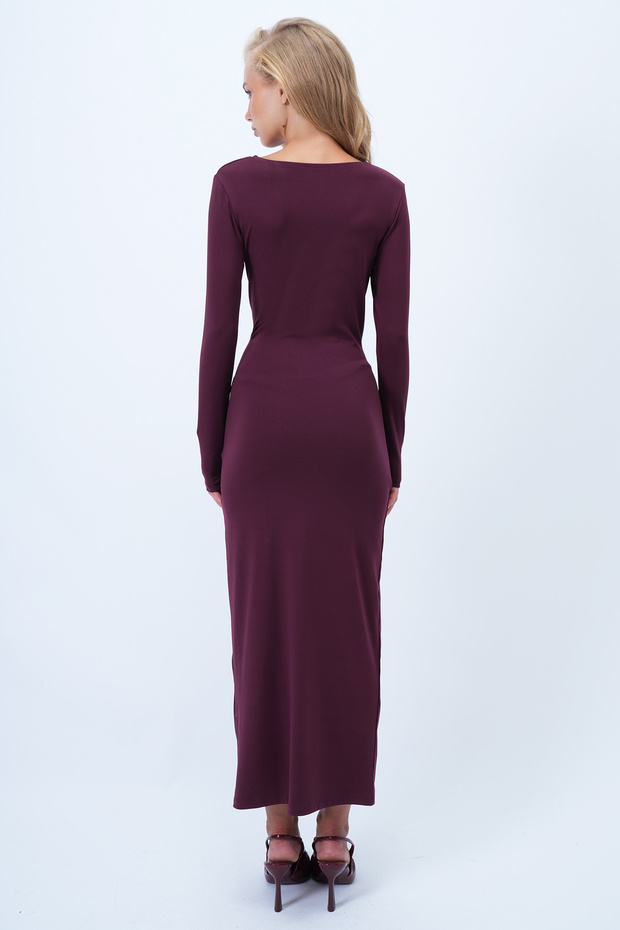 Bordo Bisiklet Yaka Beli Broş Detaylı Maxi Boy Sandy Elbise ALC-X14378 - 7