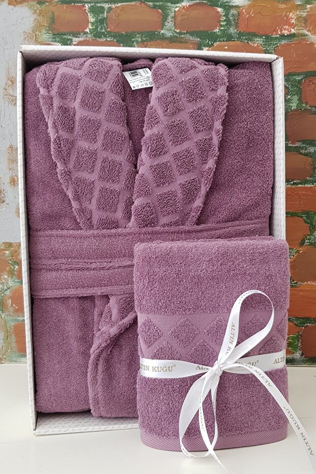 Size M Shawl Collar Bathrobe and Head Towel Set - Plum