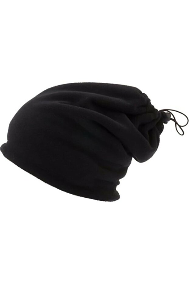 Black Unisex Drawstring Fleece Neck Collar that Can Be Used as a Hat and Beanie