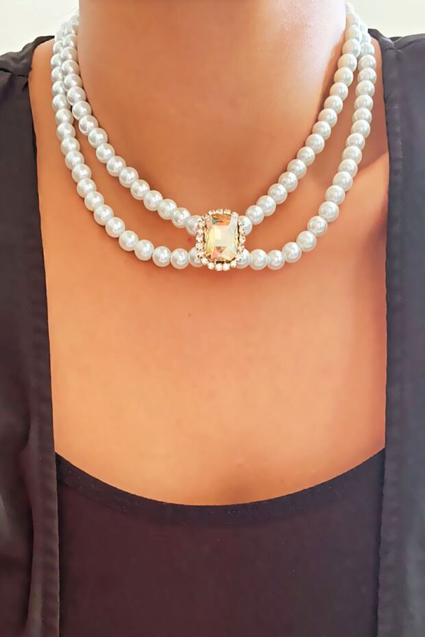 Çift Sıralı Abiye Inci Choker Kolye - 1