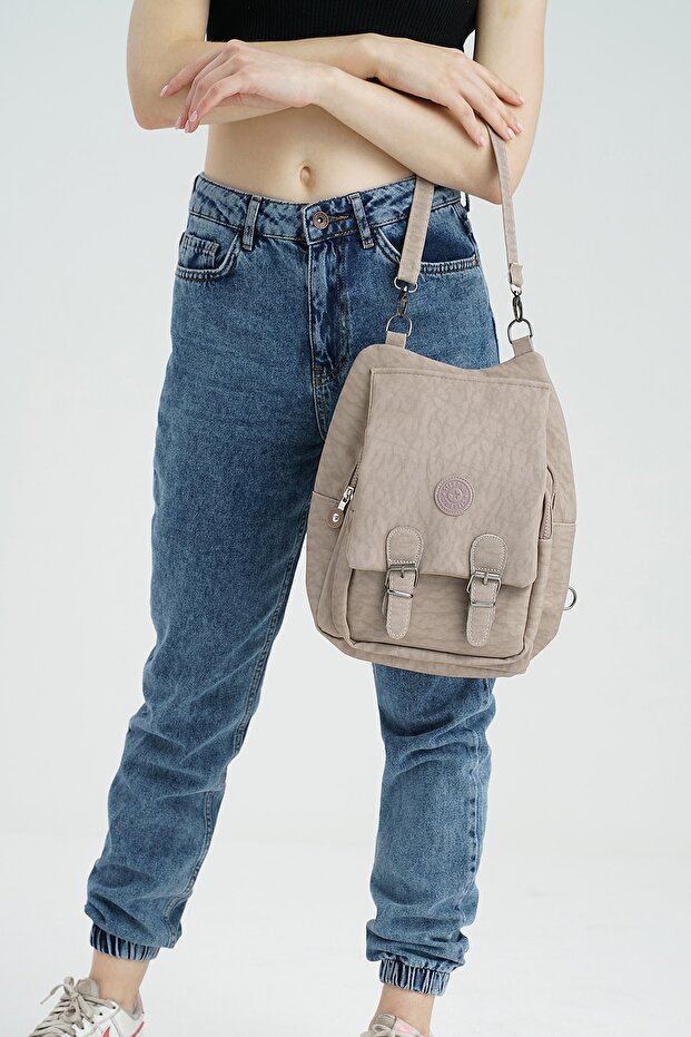 Mink Women's Crinkle Fabric School Backpack and Shoulder Bag - 3