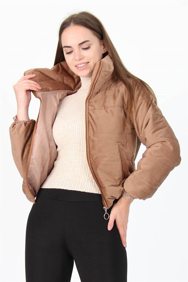 Women's Camel High Collar Zipper Detailed Winter Velvet Coat with Pockets Nb7154