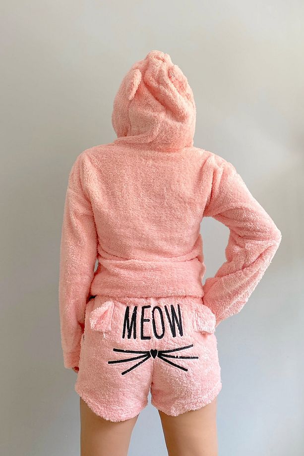 Kadın Pembe Şortlu Tam Peluş Pijama Takımı - 4