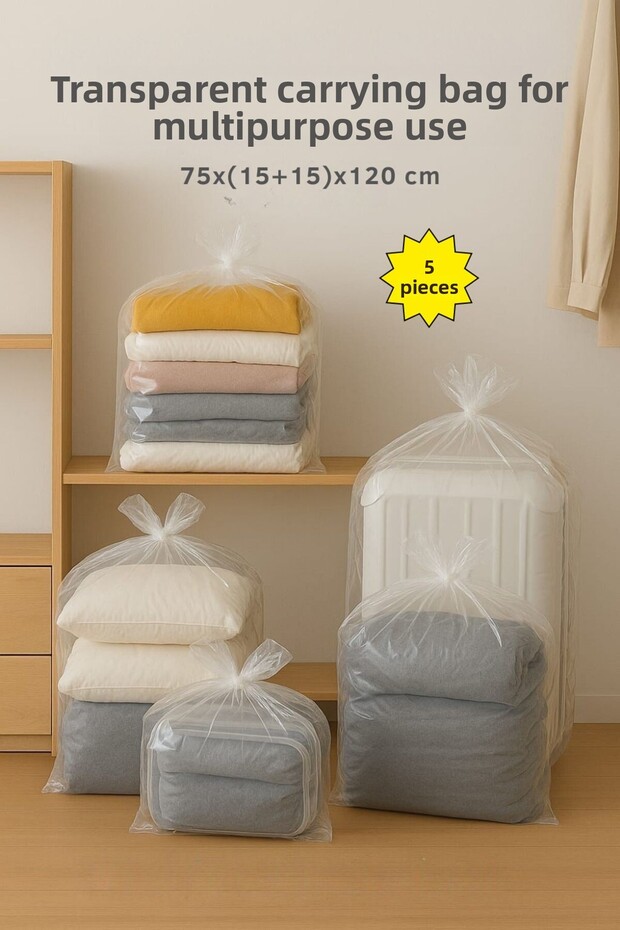 Multi-Purpose Plastic Carrying Bag 75X(15+15)X120Cm Transparent Color (5 Pcs) Thick Oversized Bag
