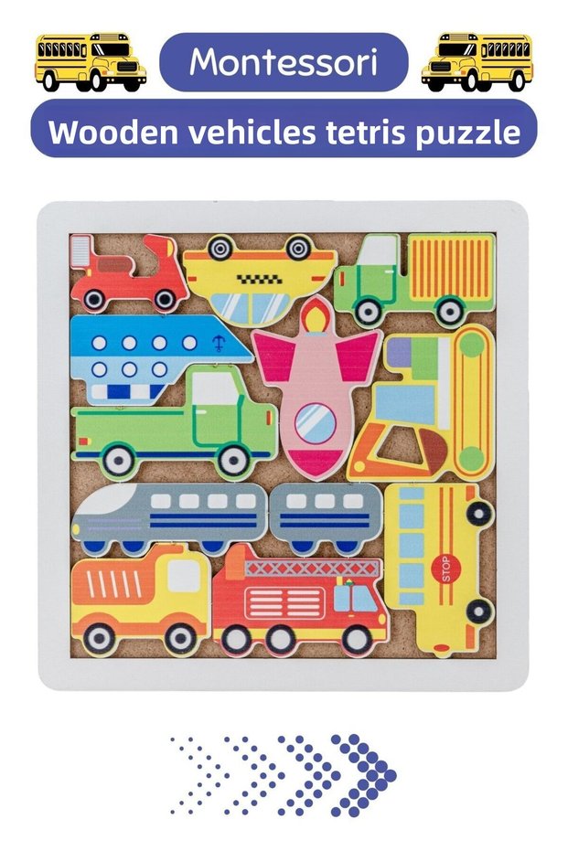 Wooden Vehicles Tetris Puzzle Set / Educational and Fun Wooden Brain Game /Healthy and Safe