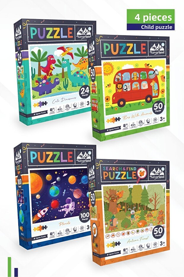 4-Pack Kids Puzzles - 24 P. Cute Dinosaurs and Bus and 100 P. Planets and 50 P. Autumn Forest