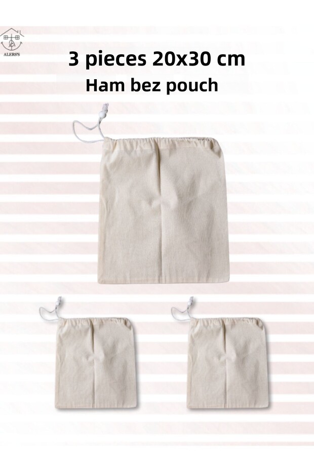 20x30 Cm 3 Pieces Drawstring Raw Cloth Pouch - Multi-Purpose
