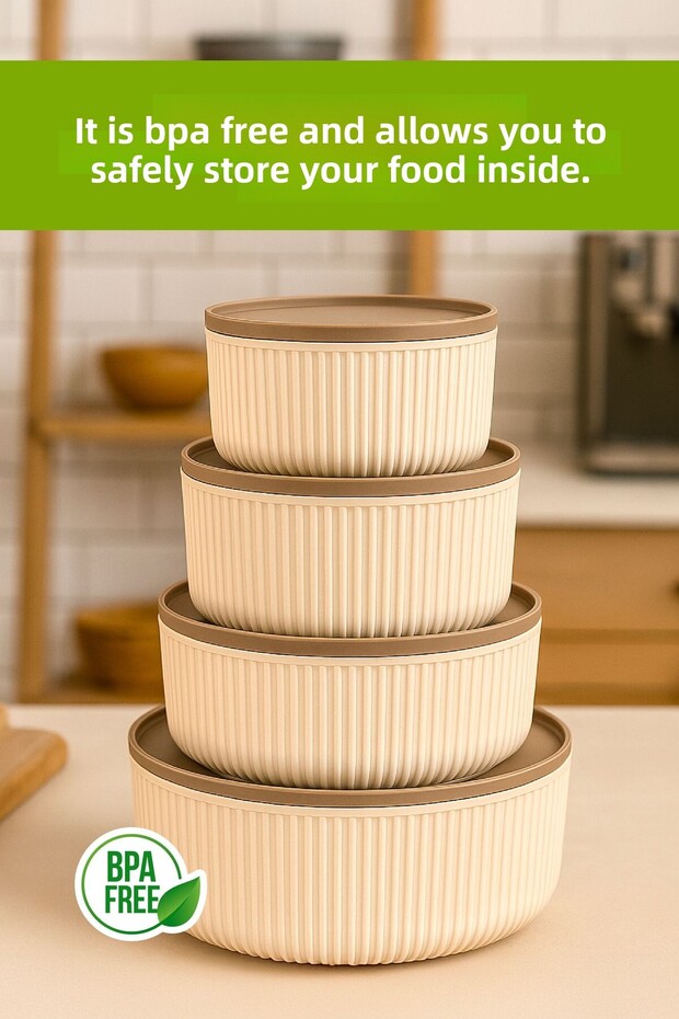 Set of 4 Round Storage Containers Striped Beige |   2.5L 1.5L 0.80L 0.45L |   Microwave and Freezer Compatible - 2