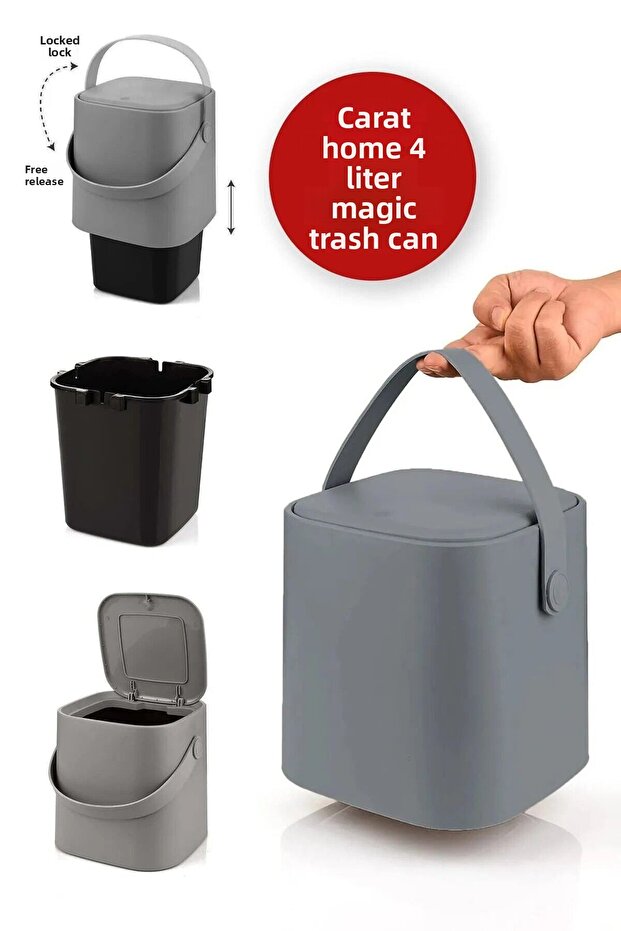 4 Lt Gray Countertop Kitchen Trash Can - with Click Lid, Handle and Inner Bucket - 3
