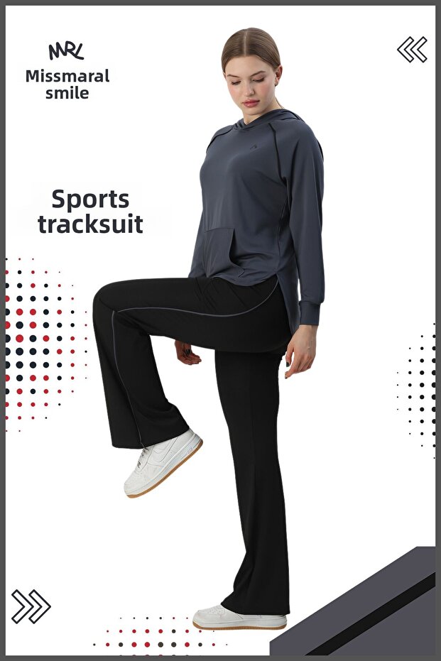 Women's Sports Tracksuit Set Diving Fabric Hooded Flared Comfortable Anthracite 3053
