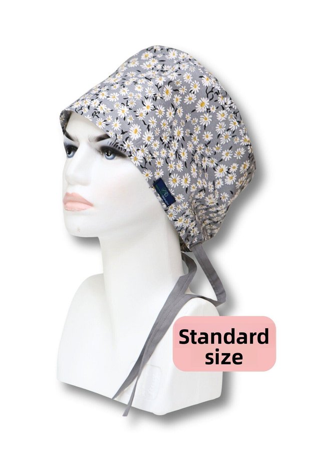 Standard Gray Daisies Patterned Surgical Bonnet Doctor Nurse Healthcare Bonnet