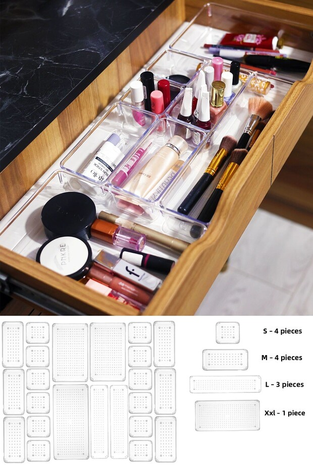12-Piece Dolap Interior Jewelry and Makeup Organizer - Drawer Organizer Set Transparent