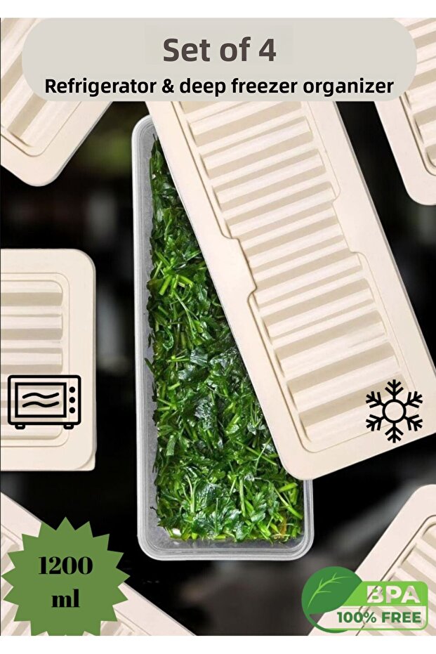 4-Piece Fridge Organizer - Storage Container with Cream Lid for Microwave and Freeze 4 X 1170 ml - 1