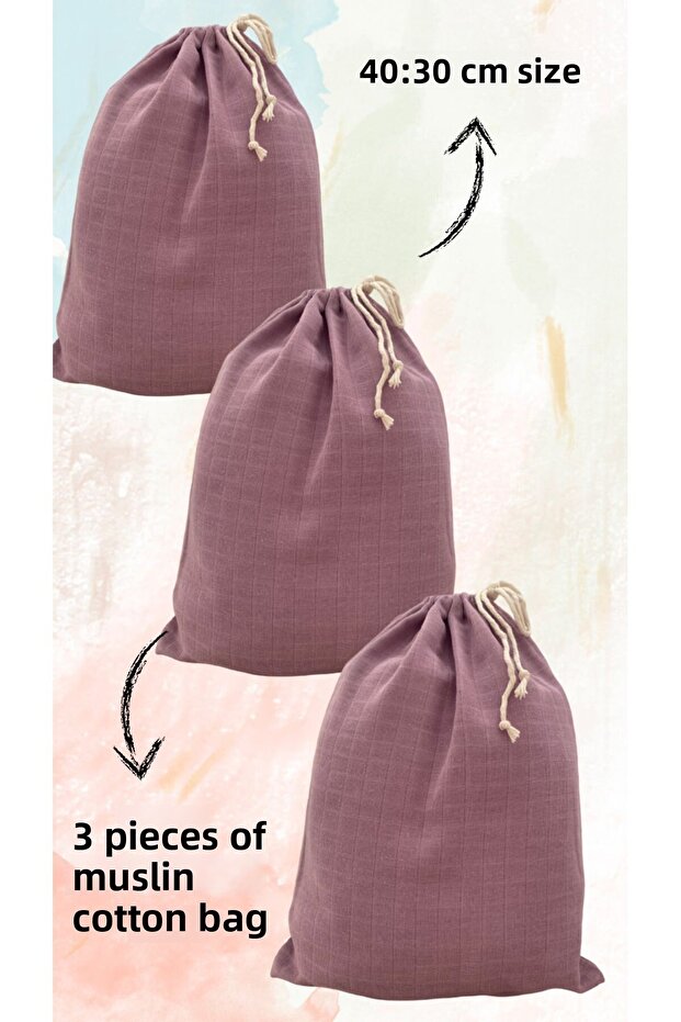 3 Muslin Pouch Bags - Baby Bag, Suitcase Organizer and Bread Bag