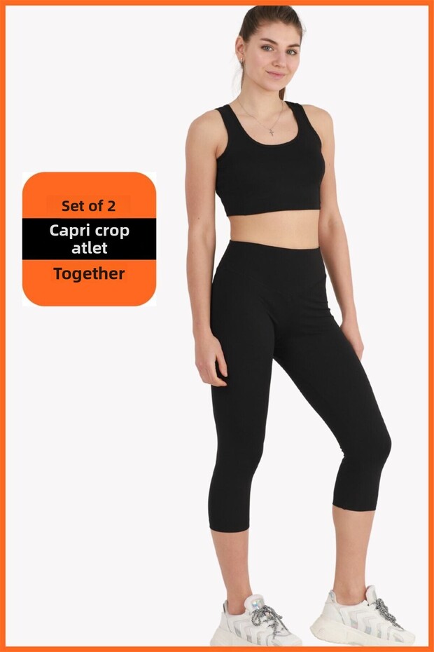 Women's Black Sports Set Capri Tights and Crop Athlete 2-Piece Set New Season Seasonal Capri -crop 3020