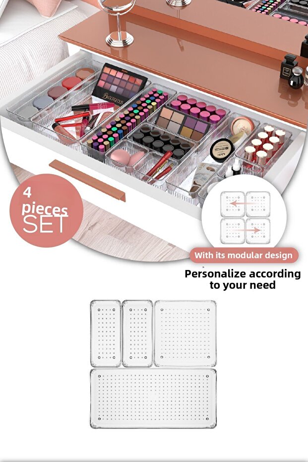 4-Piece Transparent Drawer Organizer 1X(B.Dkdrtgn, B.Kare) 2X(K.Dkdrtgn)
