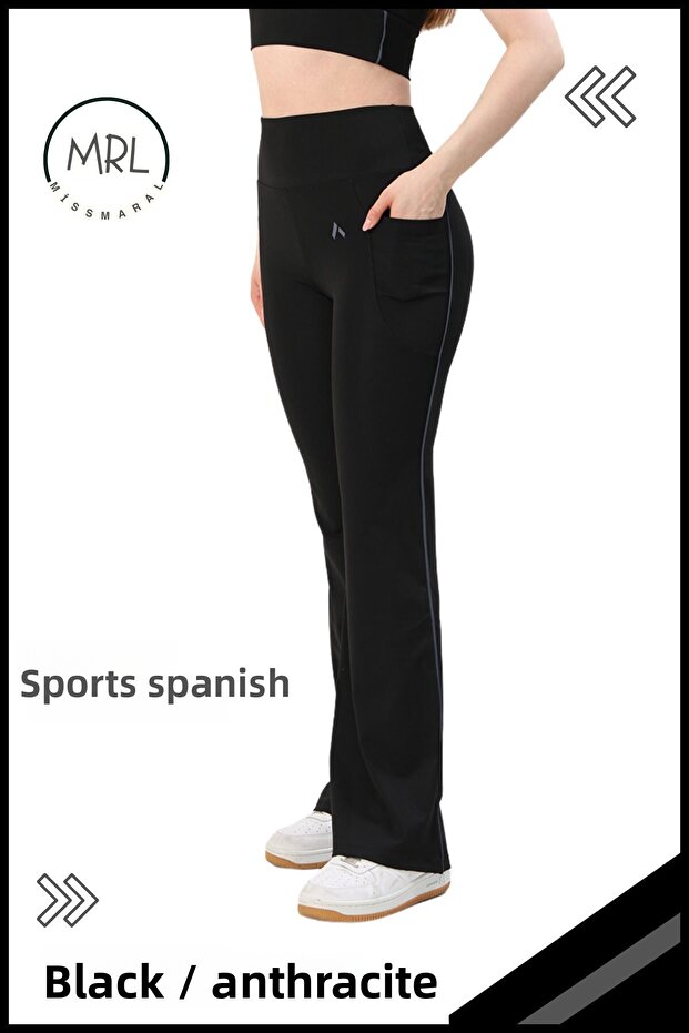 Women's Leggings Pants Lycra High Waist Gathering Fabric Black/Anthracite Stripe Detailed with Pockets 1042