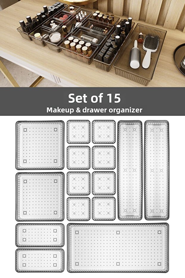 15-piece drawer organizer - cosmetic jewelry makeup organizer cabinet organizer - anthracite