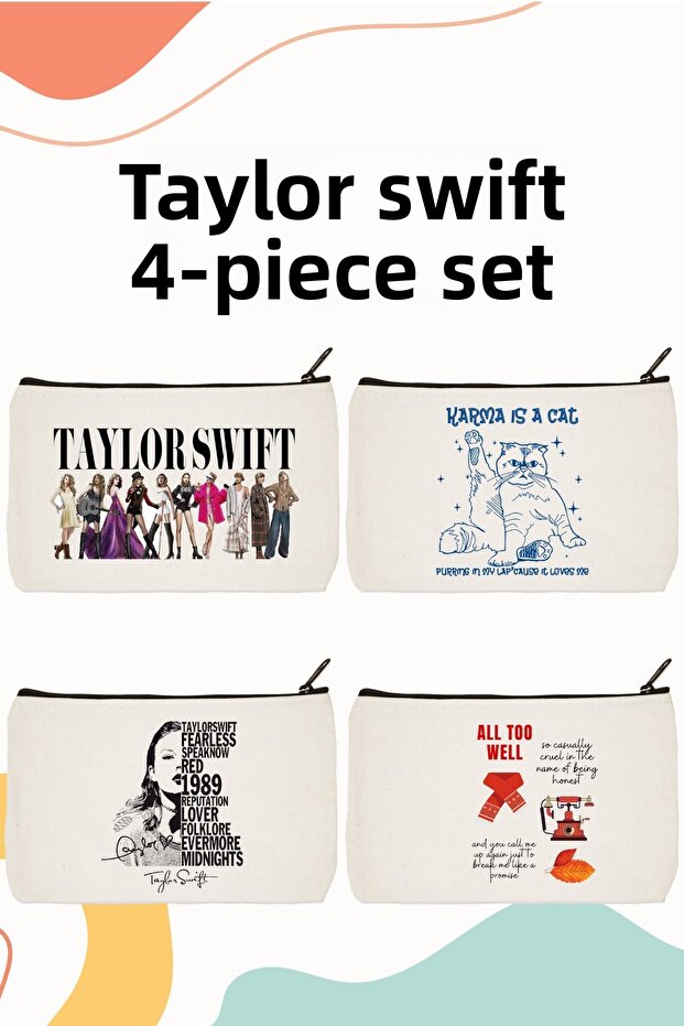 Taylor Swift Printed 4-Piece Makeup Bag, Pen Holder, Wallet