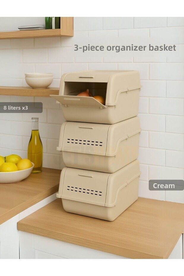 Set of 3 Organizer Food Box Bpa Free Storage Box Onion Container Vegetable Basket Cream 8 Lt X 3
