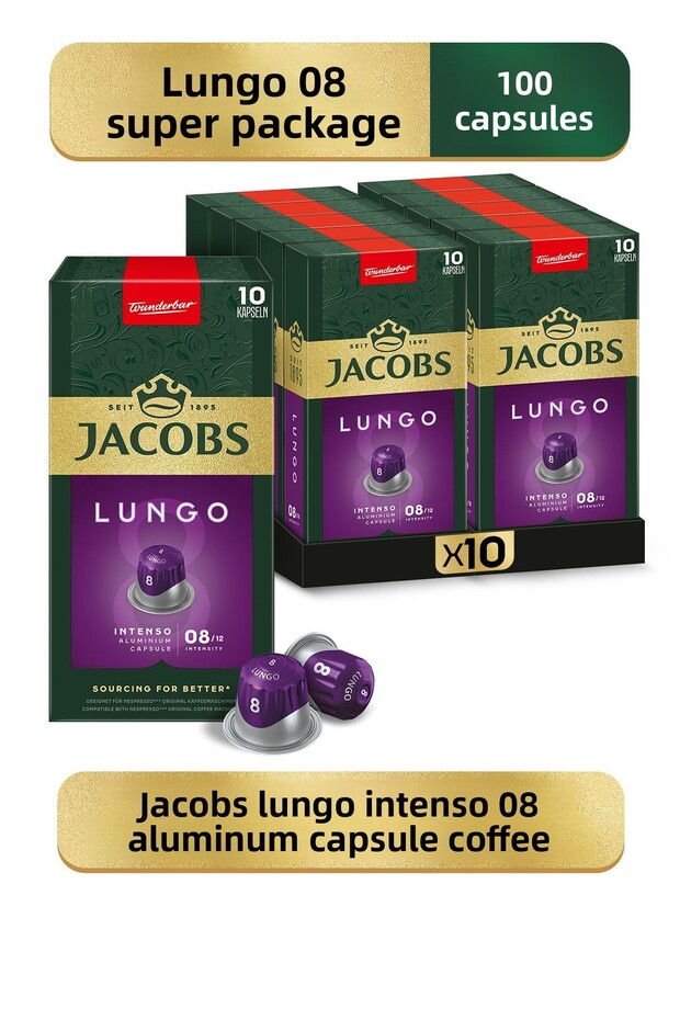 Lungo 8 Intenso Nespresso Compatible Aluminum Capsule Coffee 10 Pieces x 10 Packs