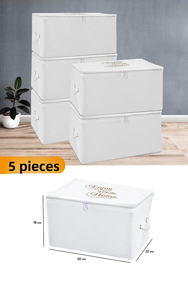 5 Pieces - Mini Size White Storage Bag with Print Detail 30 X 22 X 18 Cm