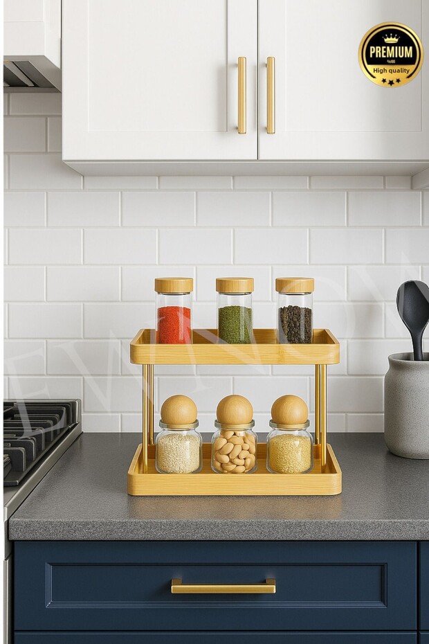 Bamboo 2 Tier Organizer, Bamboo Shelf with Metal Legs, Spice Rack, Organizer Shelf