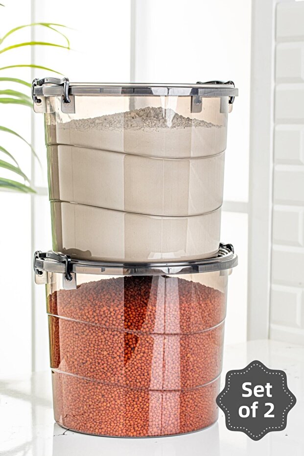 Mega Size 2 Piece Round Flour and Legumes Container 7 Liters - Detergent Storage Box Container with Handle Anthracite - 1