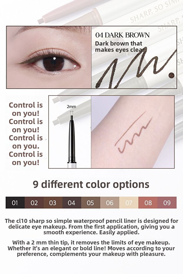 Clio Sharp so Simple Waterproof Fine Point Eye Liner - Waterproof Pencil Liner (004 Dark Brown) - 2