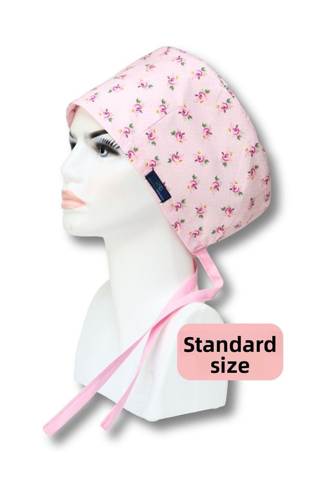 Standard Size Dusty Pink Polka Dot Roses Surgical Cap for Doctors, Nurses, Healthcare Workers, Hospital Staff, and Chefs