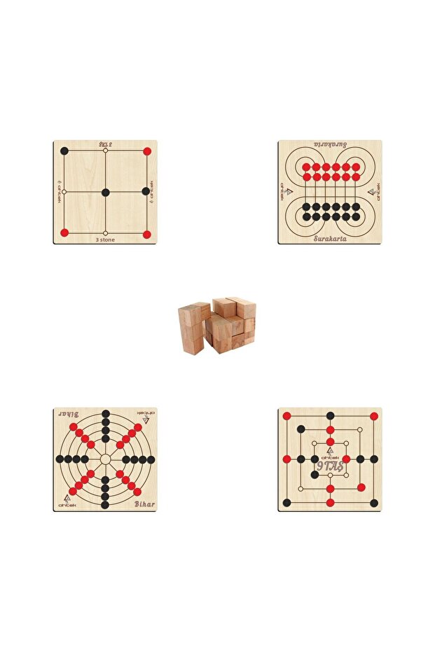 Wooden Intelligence and Strategy Game Set 5 Pieces, 3 Stones + 9 Stones + Bihar + Surakarta and Soma Cube