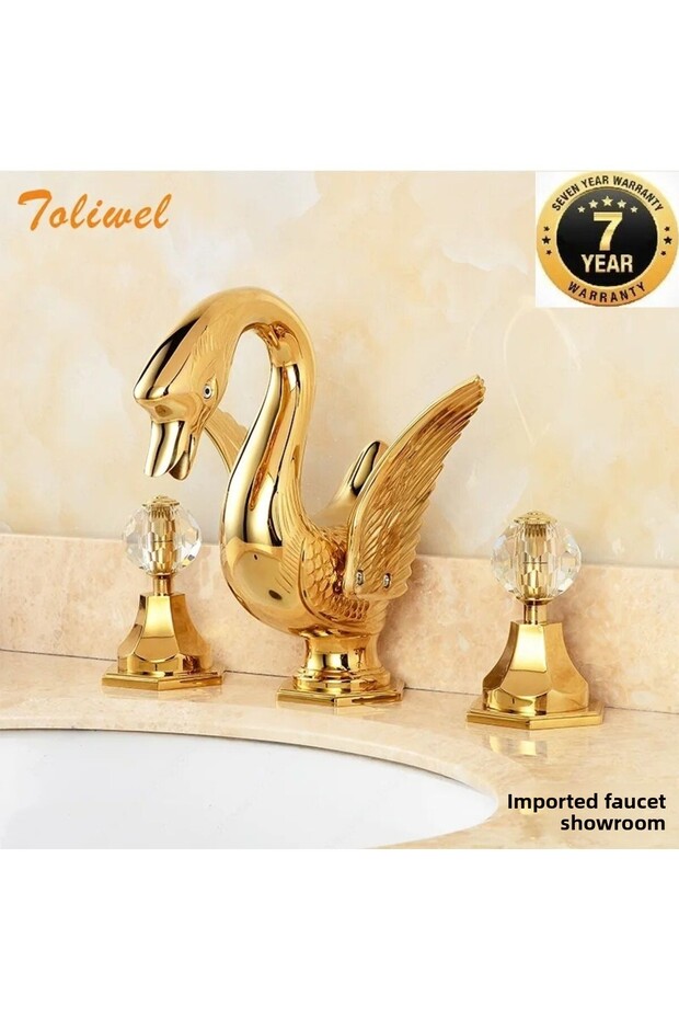 Bathroom Sink Faucet Kuğu Gold Gold Dore Set of 3 New Model Imported with 7 Year Warranty