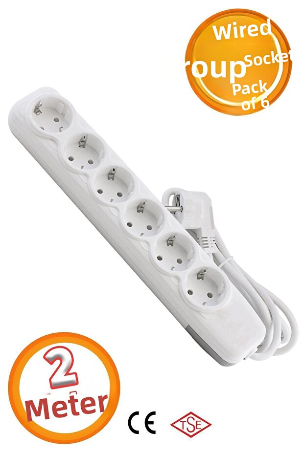 6-piece Group Socket - 2 Meter Grounded Plug Coupler Socket, Switch-free and Multiple Extension Cable - 1