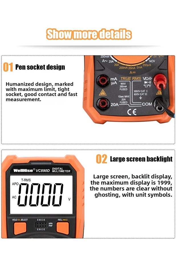 Vc890d measure tool multimeter avometer nvc light display flashlight true rms - 8
