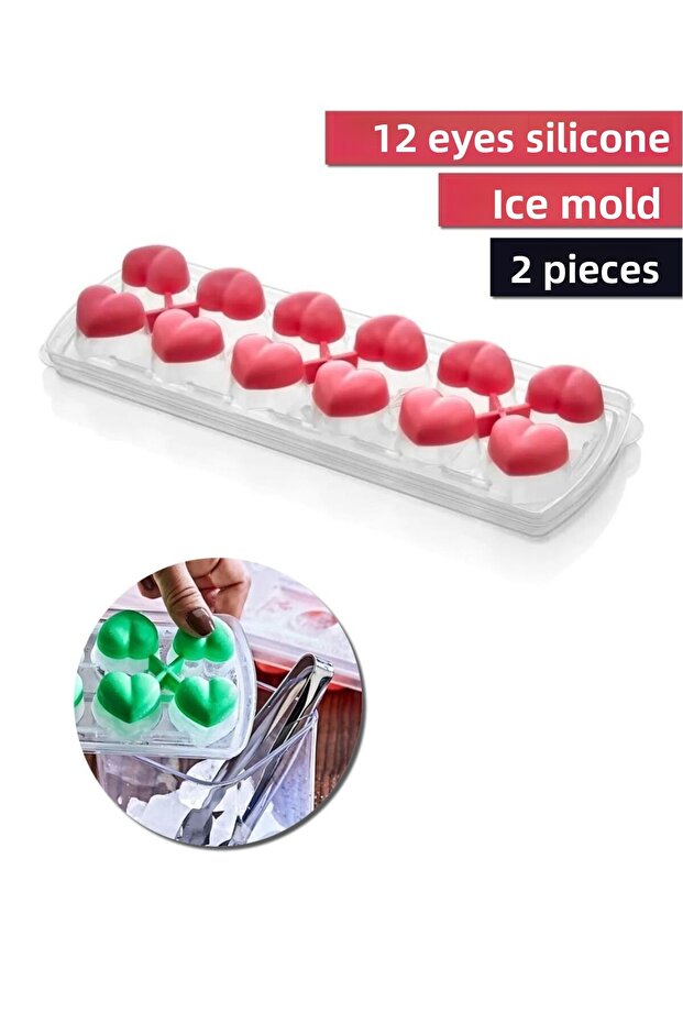 2 Pieces 12-Eye Heart Silicone Heart Ice Box Mold with Lid
