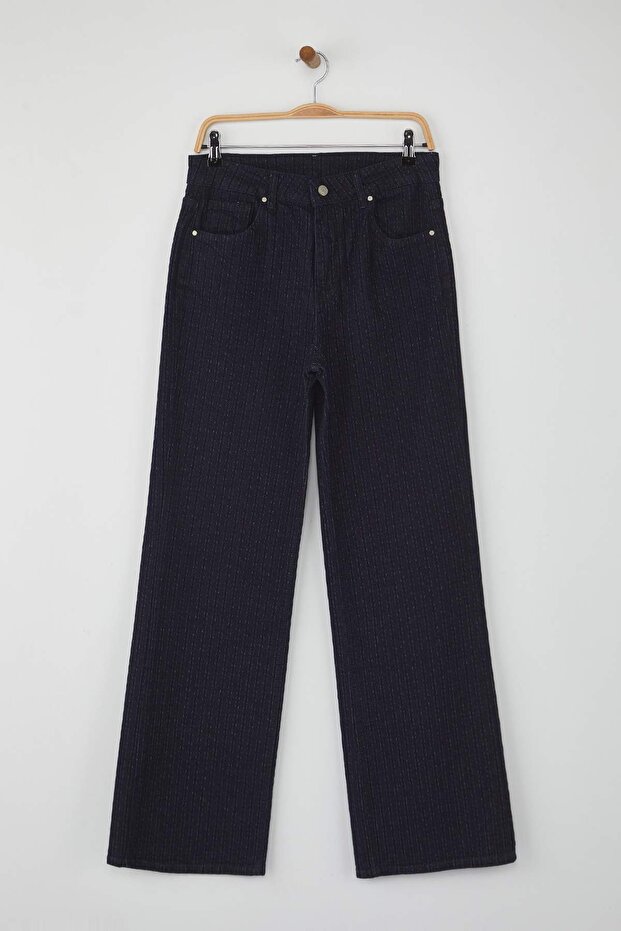 Koyu Mavi Jakar Çizgi Desenli Yüksek Bel Comfort/Esnek Wide Leg Jeans TWOAW26JE00101 - 5
