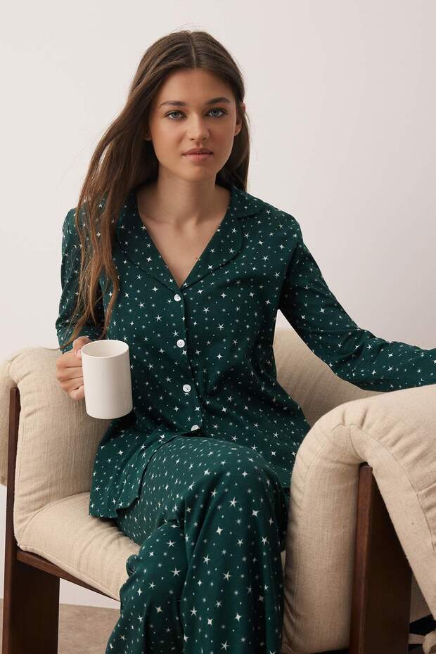 Zümrüt Yeşili %100 Pamuklu Galaksi Desenli Örme Pijama Takımı THMAW25PT00097 - 2