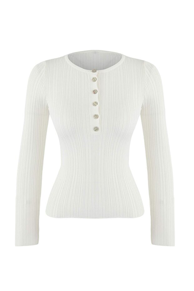 Wardrobe Essentials Ekru Fitted/Vücuda Oturan Fitilli Triko Kazak | TWOAW26KZ00083 - 5
