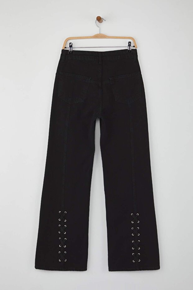 Siyah Yüksek Bel Kuşgözü Bağlama Detaylı Wide Leg Palazzo Jeans TWOAW26JE00128 - 8