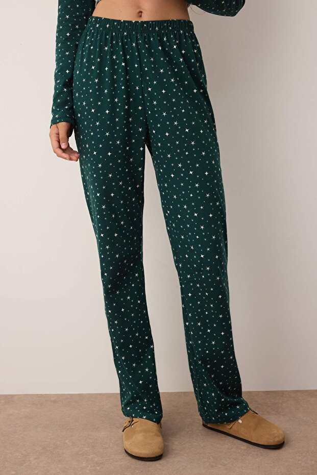 Zümrüt Yeşili %100 Pamuklu Galaksi Desenli Örme Pijama Takımı THMAW25PT00097 - 3