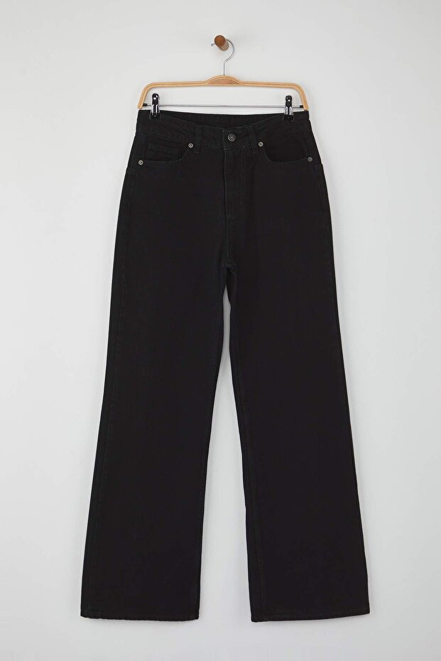 Siyah Yüksek Bel Kuşgözü Bağlama Detaylı Wide Leg Palazzo Jeans TWOAW26JE00128 - 7