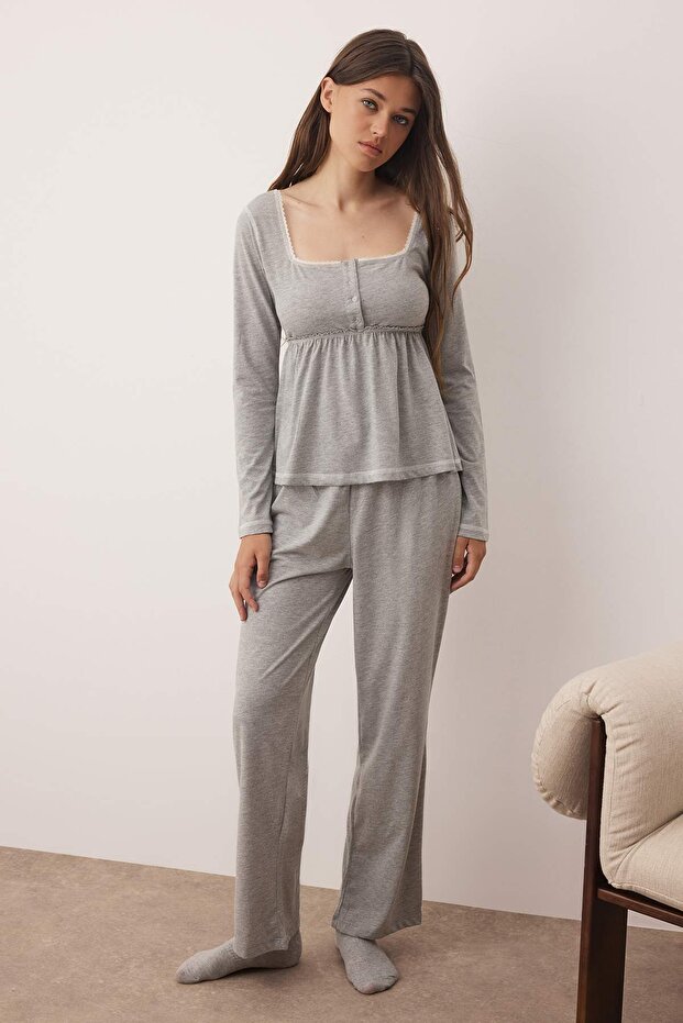 Gri Melanj Pamuklu Dantel Detaylı Örme Pijama Takımı THMAW26PT00084 - 4
