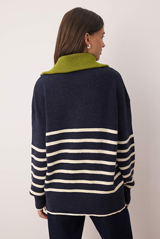 Navy Blue Soft Textured Wide Fit Turn-Down Collar Knitwear Sweater Twoaw26Kz00156 - 4