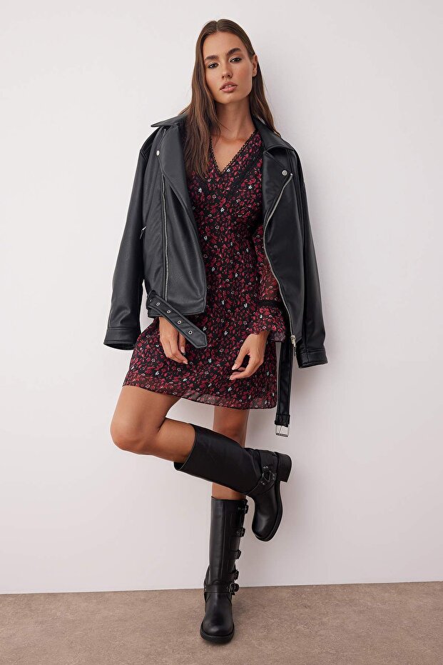 Bordo Çiçekli Aksesuar Detaylı Kısa / Mini Astarlı Şifon Dokuma Elbise TWOAW26EL00084 - 2